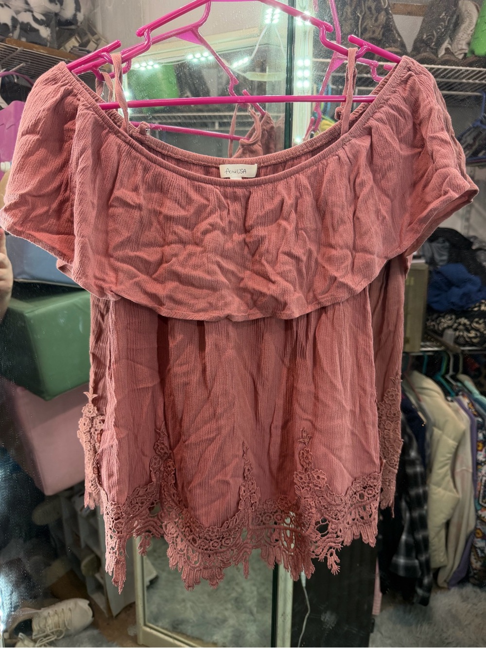 Active USA Mauve Off-Shoulder Crochet Hem Top